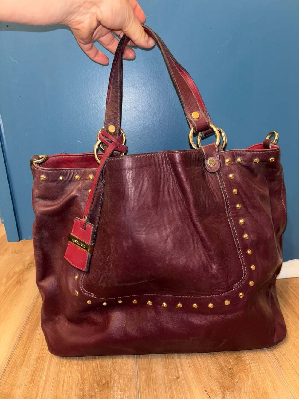 Rare A. Bellucci Italian Leather Studded Tote Bag Deep Red Burgundy